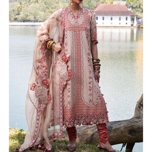 Elegant Embroidered Pink and Cream Dress